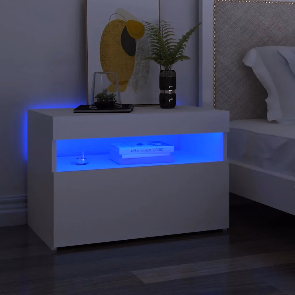 vidaXL Comodini Moderni con Luci LED in Legno Multistrato Bianco L: 60 cm, P: 35 cm, H: 40 cm
