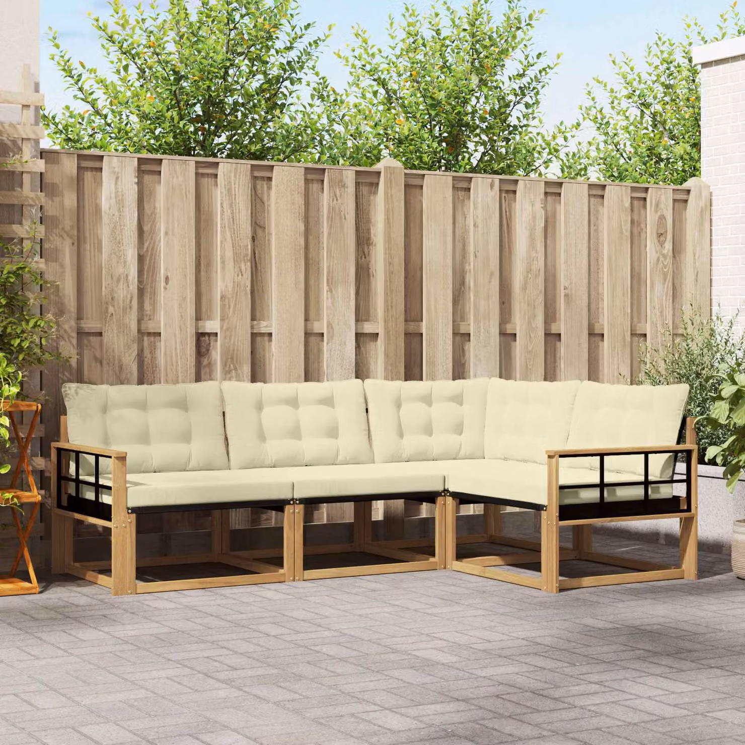 Set di divani da esterno vidaXL 4 pezzi a forma di L in legno di acacia con cuscini, Bianco, Beige e Marrone