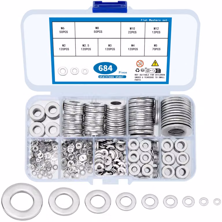 684 rondelle piatte, rondelle in acciaio inossidabile, set assortita, 9 misure