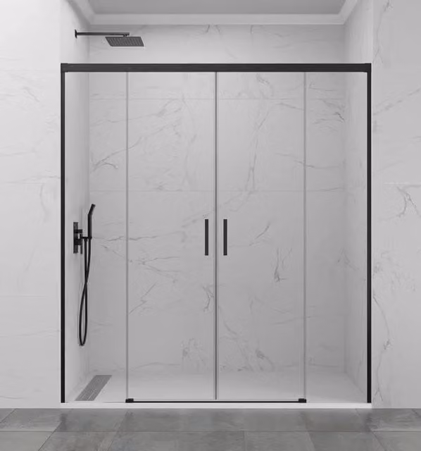 Box doccia rettangolare BASI BASIC 2 con 2 elementi fissi e 2 scorrevoli, L: 160 cm, colore nero opaco e vetro trasparente