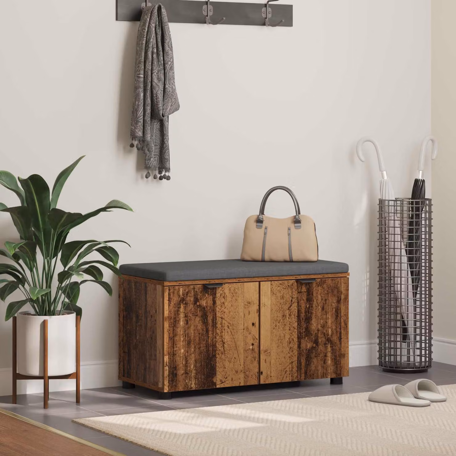 Panca per ingresso con scarpiera vidaXL in legno vecchio e tessuto marrone L: 80 cm, P: 38 cm, H: 46 cm