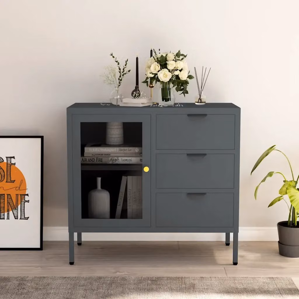 Credenza Buffet da pranzo in Acciaio e Vetro Temperato Antracite L 75 cm, P 20 cm, H 35 cm – 2