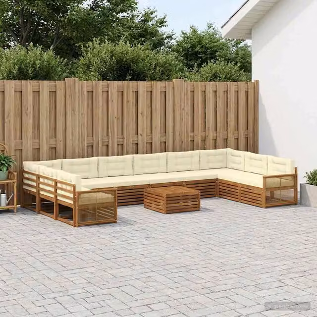 Set di divani da giardino vidaXL in legno di acacia massello con cuscini beige e marrone, 11 pezzi