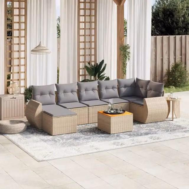 vidaXL Set Divano da Giardino 8 pz a L in Polyrattan con Cuscini Beige e Grigio