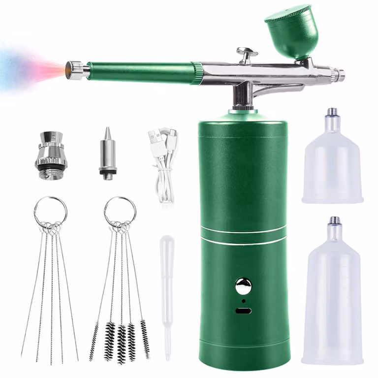 Kit per aerografo con compressore, senza fili, ugello da 0,3 mm, colore verde, completo di accessori