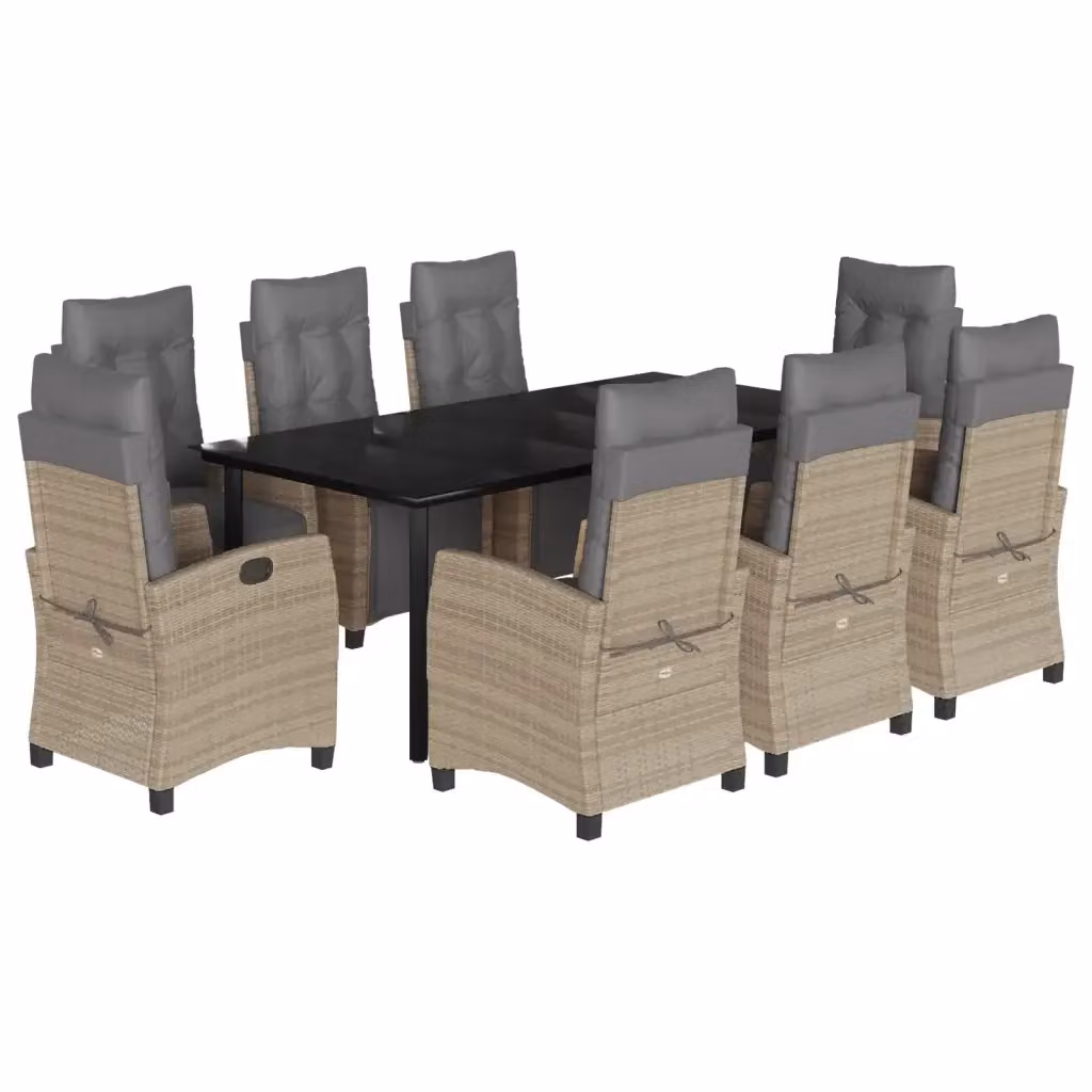 Set da pranzo da giardino vidaXL in polyrattan da 9 pezzi con cuscini beige e piano in vetro – 2