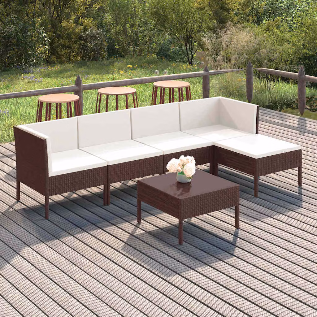 Set Divani da Giardino vidaXL 6 Pezzi con Cuscini e Tavolino, Design Moderno a L in Polyrattan Marrone e Bianco