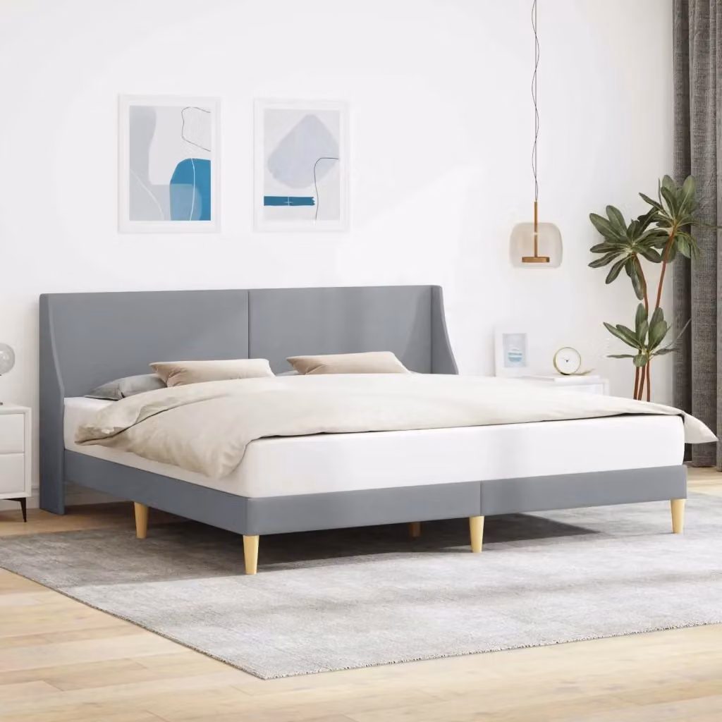 Letto da camera moderno con struttura imbottita in tessuto grigio e doghe in legno – 2