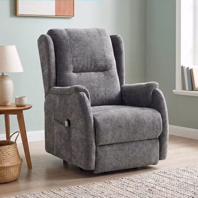 Poltrona relax elettrica MIVRAY con alzata e doppio motore, rivestimento effetto ciniglia grigio scuro, reclinabile fino a 155° – 1