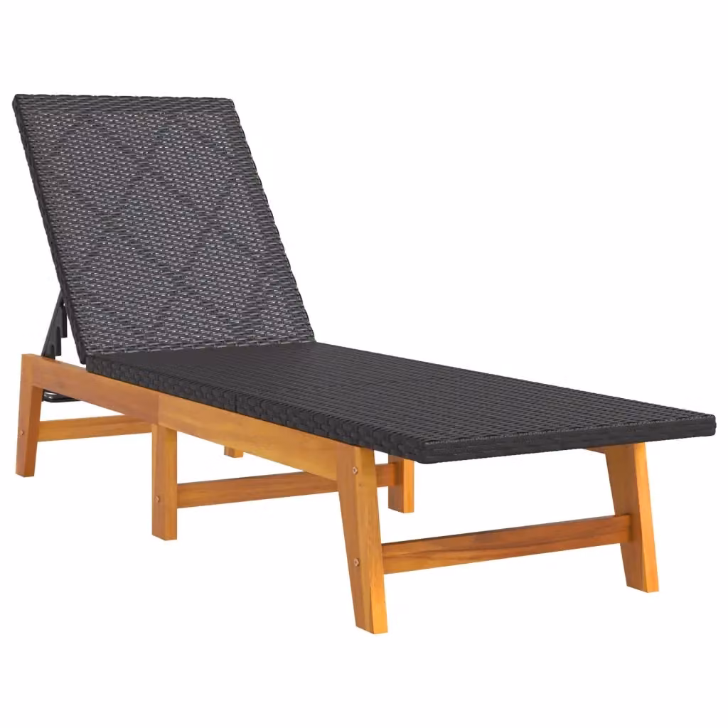 Sdraio vidaXL in Polyrattan e Legno di Acacia Nero e Marrone con Poggiatesta Regolabile – 2