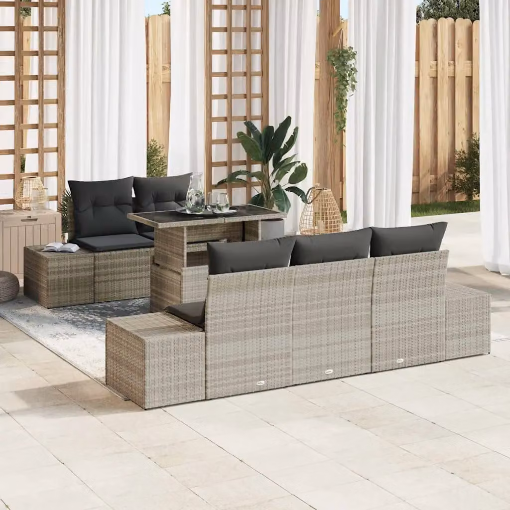 Set di divani da giardino vidaXL in rattan e metallo con cuscini, 6 pezzi, Grigio – 1