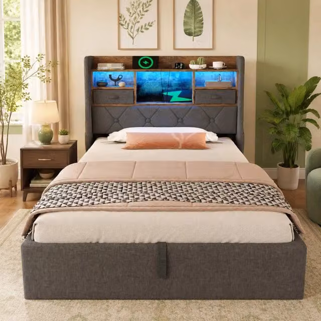 Letto contenitore REDOM in lino grigio con LED, porta USB e testiera con ripiano, L/P/H: 90 x 200 x 103,5 cm