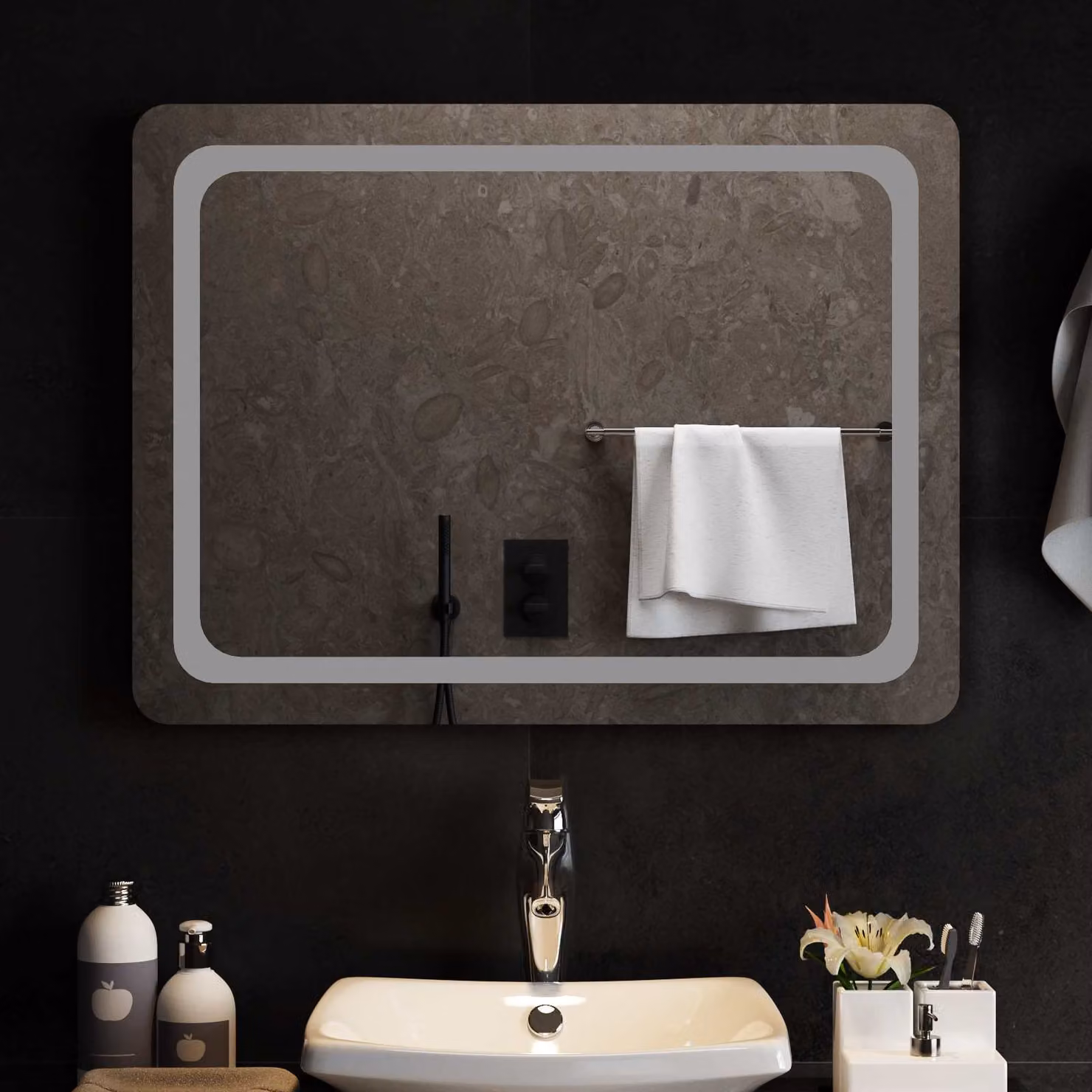 Specchio da bagno moderno vidaXL con illuminazione LED in vetro temperato, L: 80 cm, H: 60 cm, colore trasparente/grigio