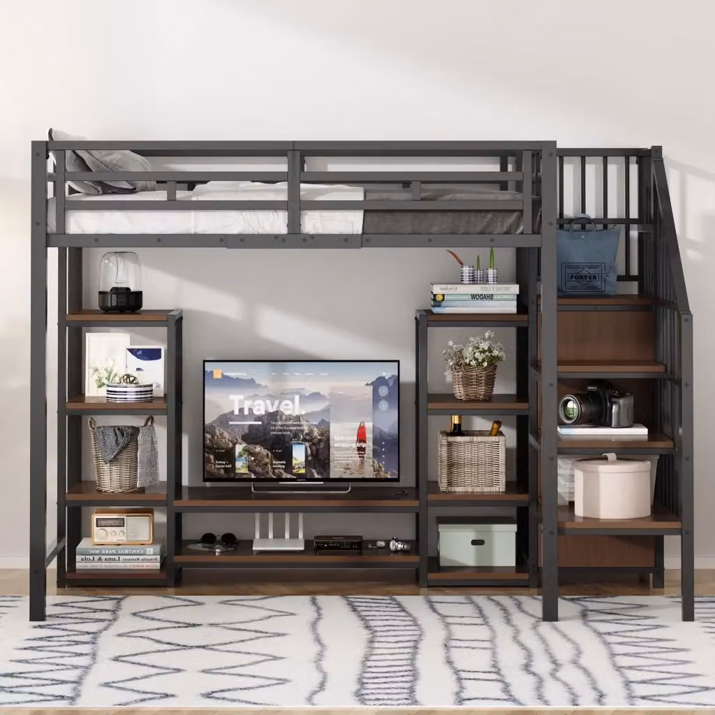 Letto Soppalcato Singolo REDOM in Metallo e MDF Nero con Scala, Ripiani Laterali e Porta USB L/P/H: 90 x 200 cm – 2