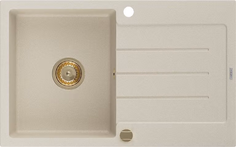 Mexen Bruno lavello in granito a 1 vasca con scolapiatti 795 x 495 mm, beige, sifone dorato - 6513791010-69-G