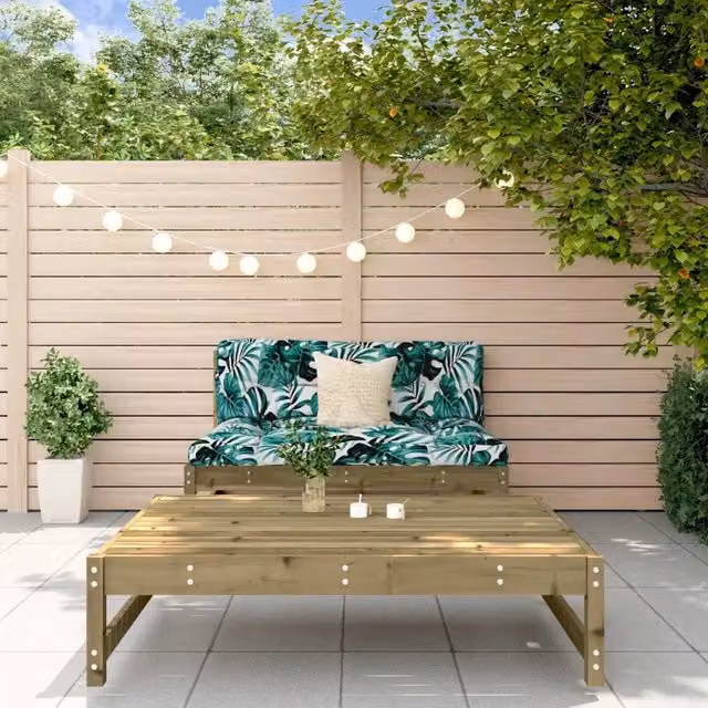 Set Salotto da Giardino in Legno di Pino con Divano a 2 Posti e Ottoman, Colore Verde con Cuscini Floreali