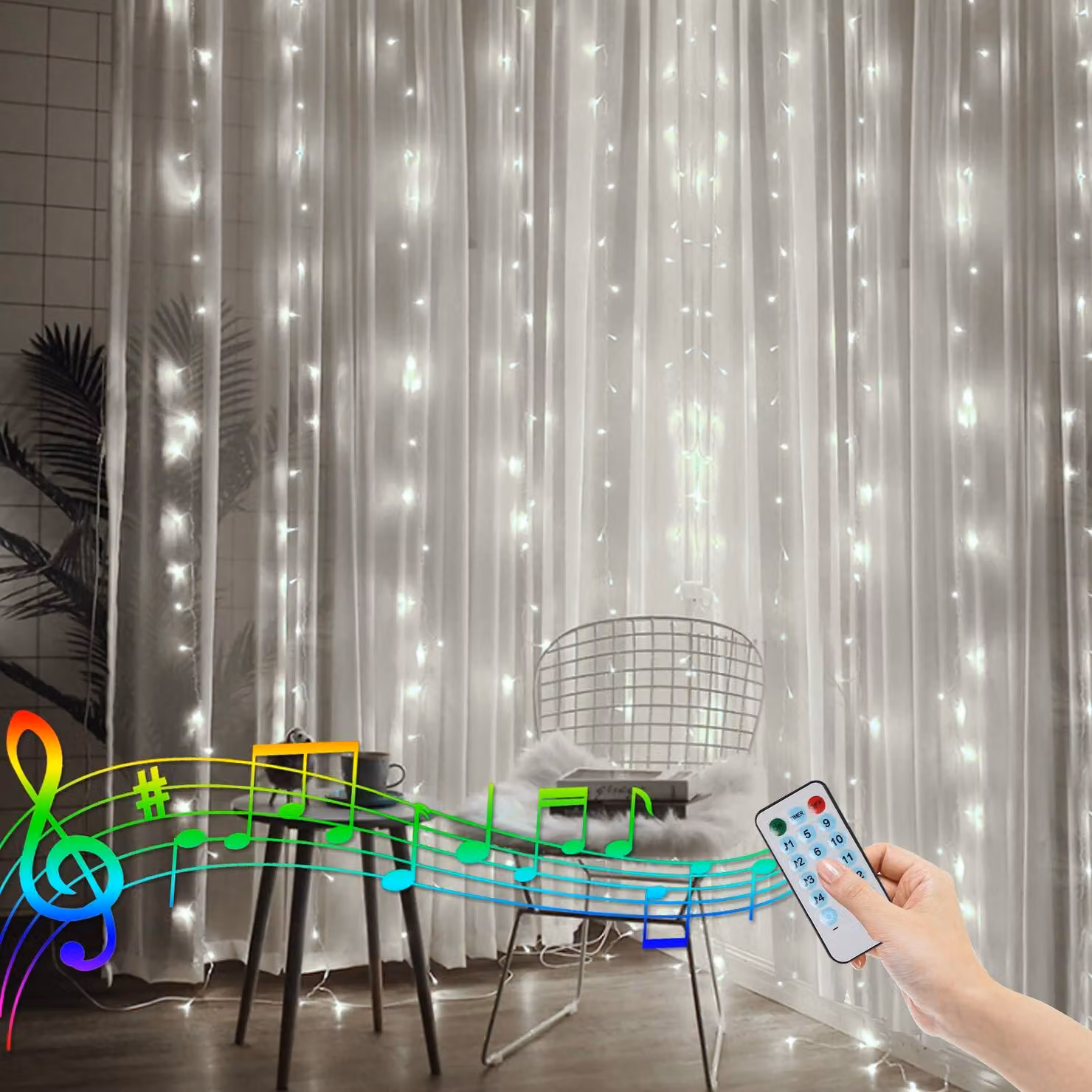 Tenda luminosa, dimensioni 2x2 metri, 150 LED, luce bianca calda, sincronizzazione con la musica, grado di protezione IP44, telecomando