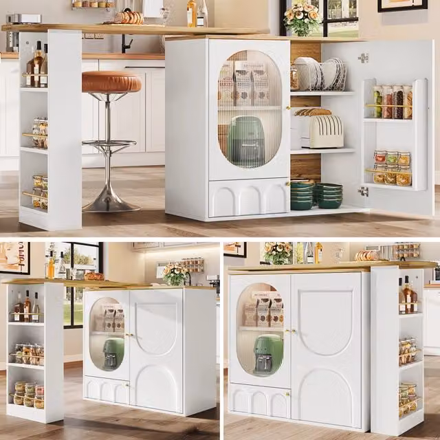 Bartisch girevole 360°, 138x39x102 cm, con spazio contenitore, 3 ante con ripiani e divisori estraibili, bianco/nero
