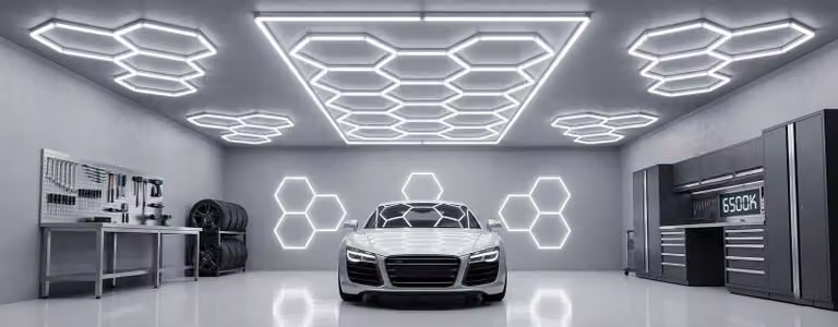 Lampada a soffitto esagonale a LED, 65W, 7606 lumen, 6500K, grado di protezione IP54, ideale per garage, officine, showroom e centri di lavaggio auto