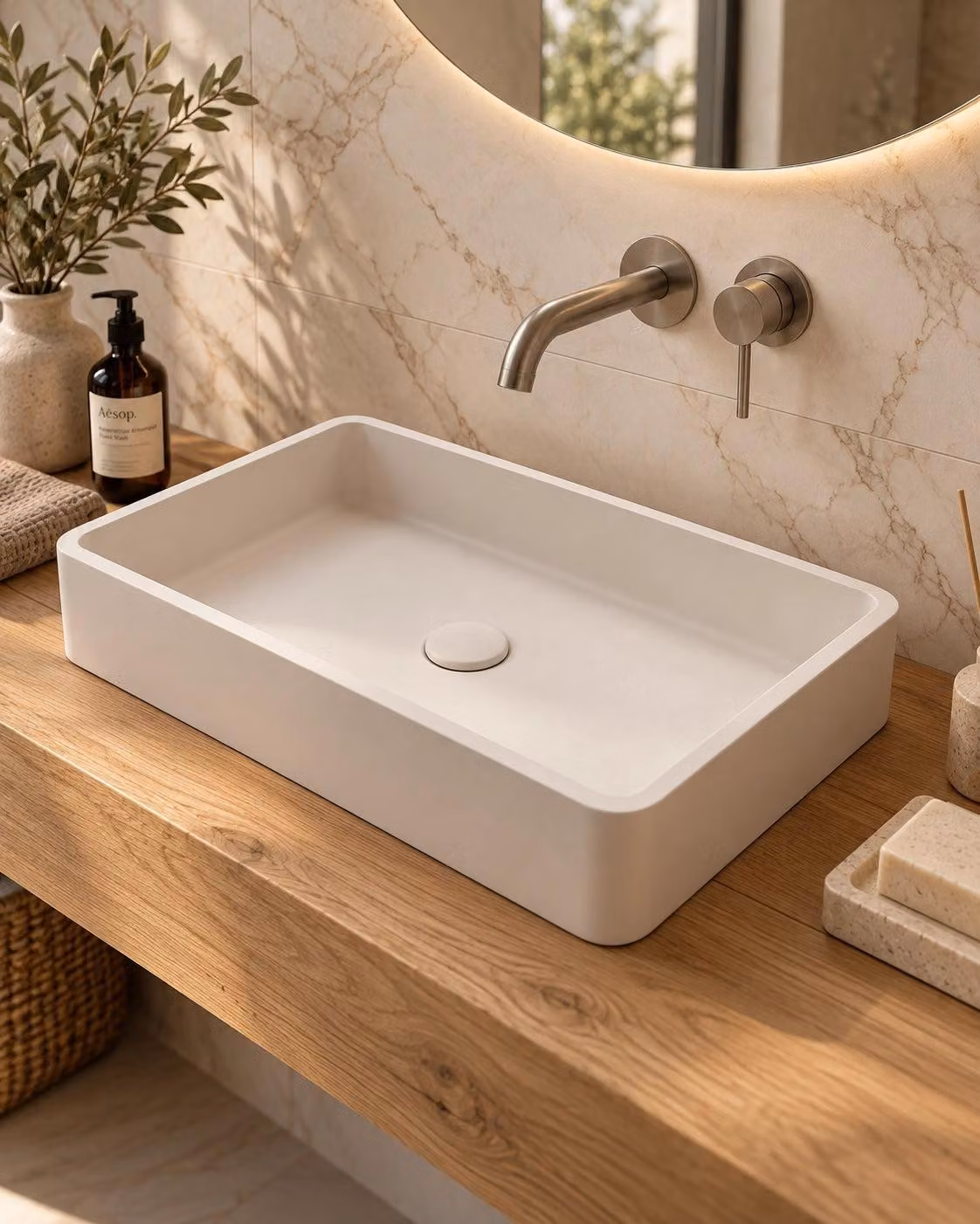 Lavabo 50x32 rettangolare da appoggio in cemento bianco opaco Capri