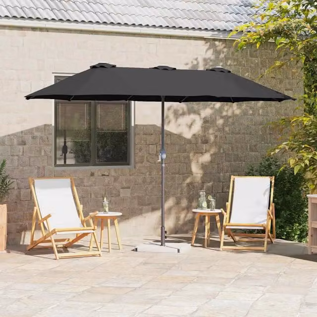 Ombrellone da giardino e spiaggia nero in poliestere con struttura in alluminio L: 370 cm, P: 197 cm, H: 239 cm