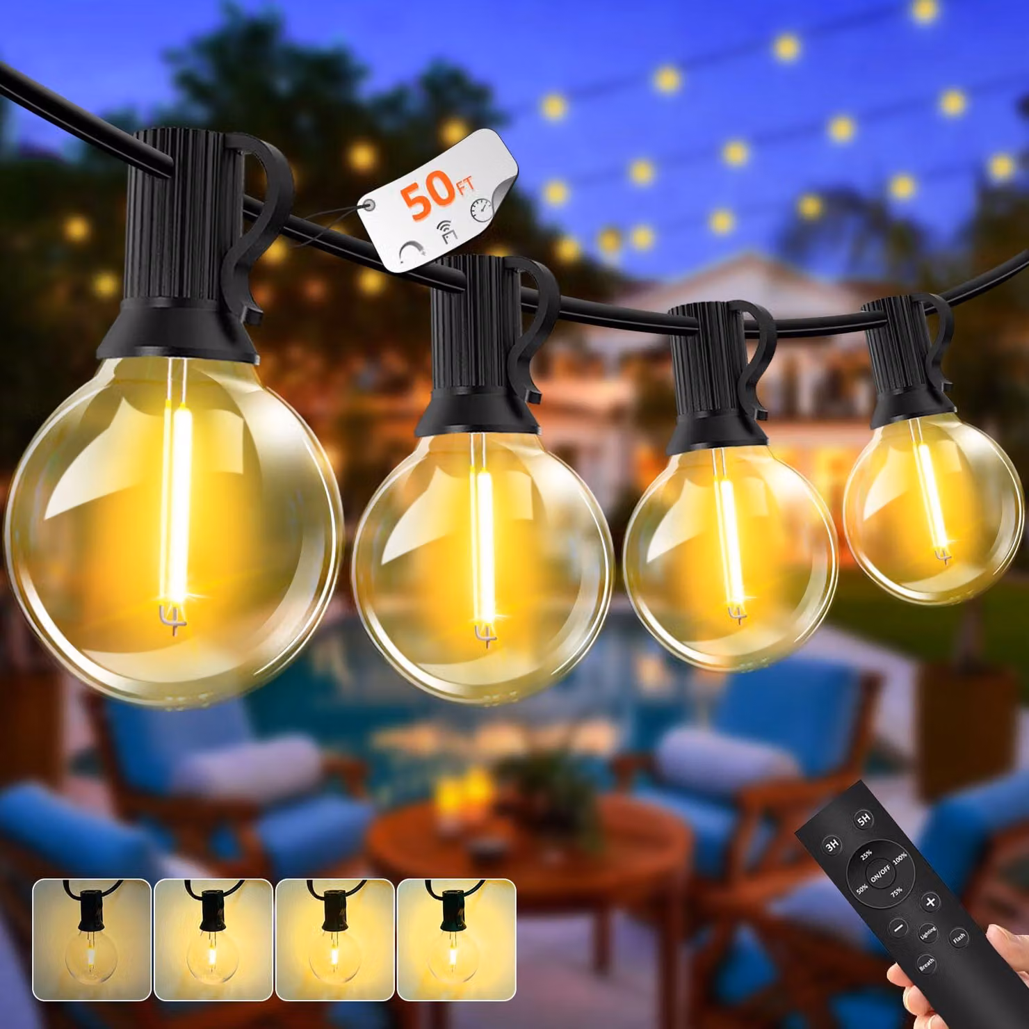 Catena luminosa da 15 metri, con 17+2 LED G40, dimmerabile, grado di protezione IP44, luce bianco caldo