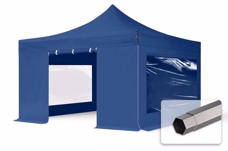 TOOLPORT 4x4 m gazebo pieghevole con laterali (finestre panoramiche), PREMIUM acciaio, blu scuro