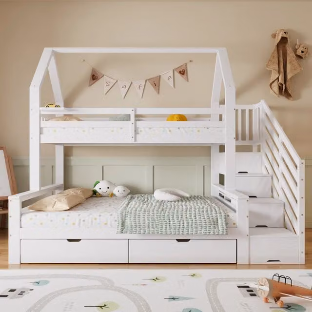 Letto a castello per bambini, 90x200 e 140x200 cm, 2 cassetti su ruote, tetto decorativo, sponde di sicurezza, pino/MDF/compensato, Bianco