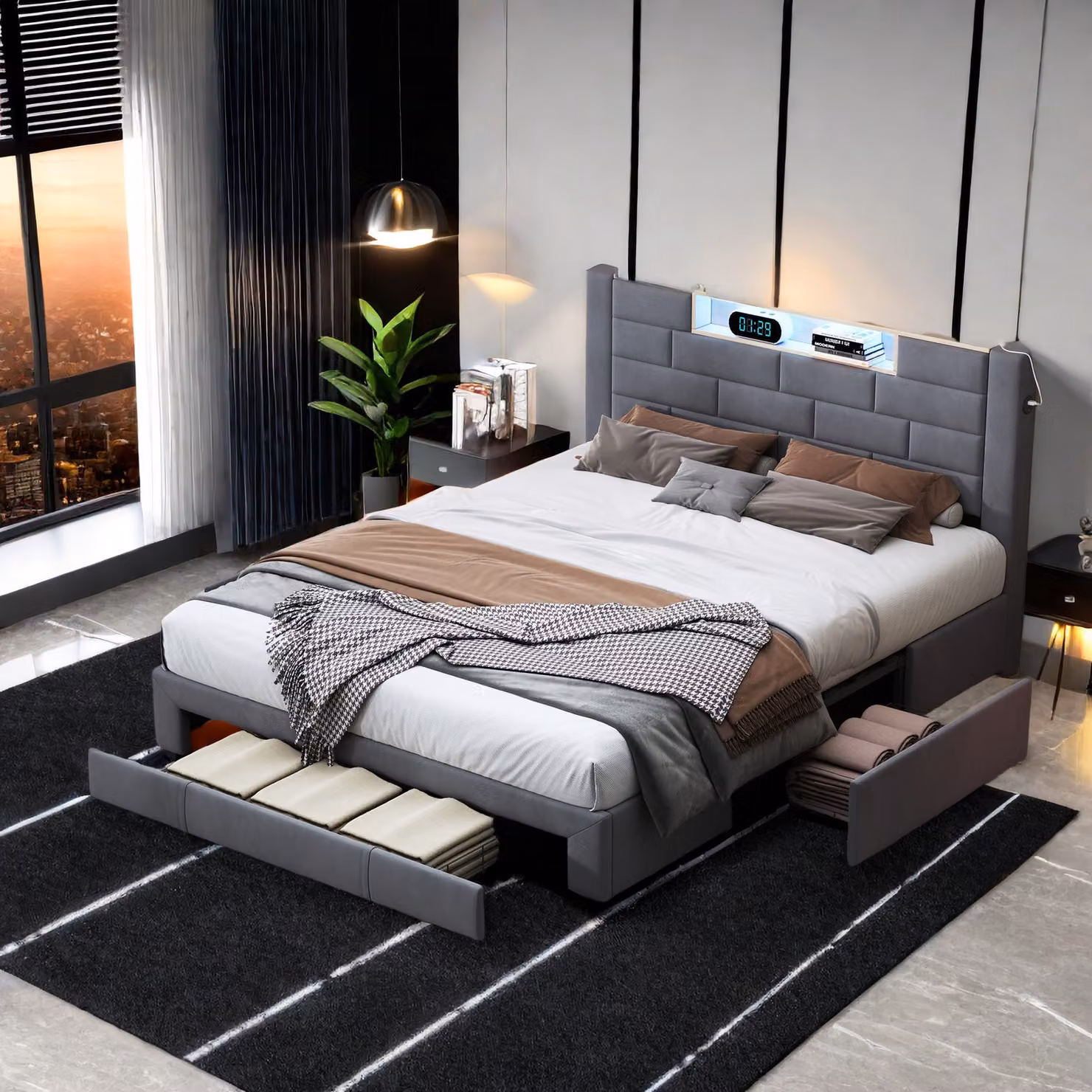 UnboxG Letto imbottito Letto 160 x 200 cm, letto matrimoniale con connessione USB, struttura letto con illuminazione LED, letto contenitore con 3 cassetti, velluto, grigio