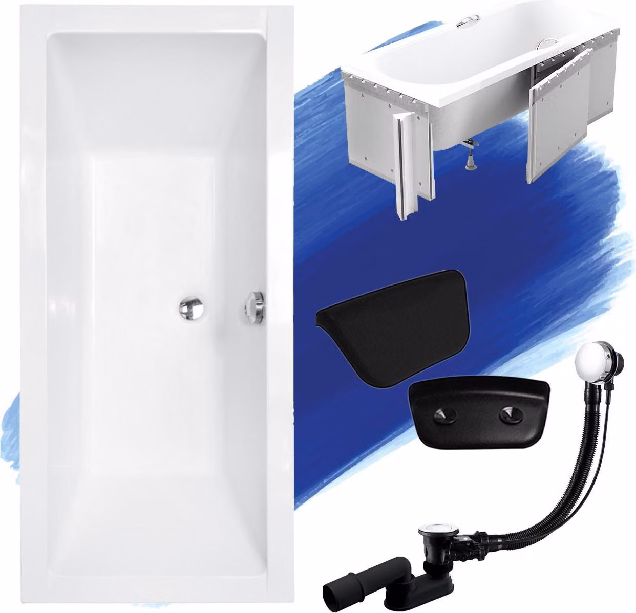 Set vasca rettangolare 5in1 165x75 con set di scarico premium e piedini GRATIS + rivestimento (polistirolo) + poggiatesta nero | BADLAND QUADRO