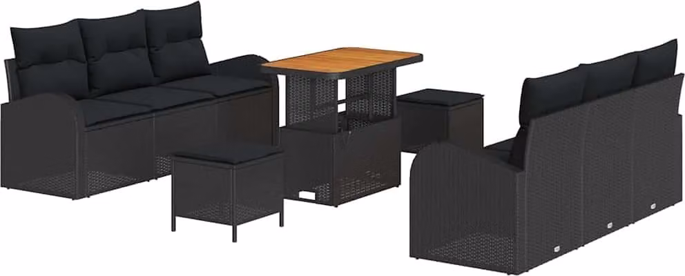 Set Divano da Giardino con cuscino 9 pcs Nero polyrattan
