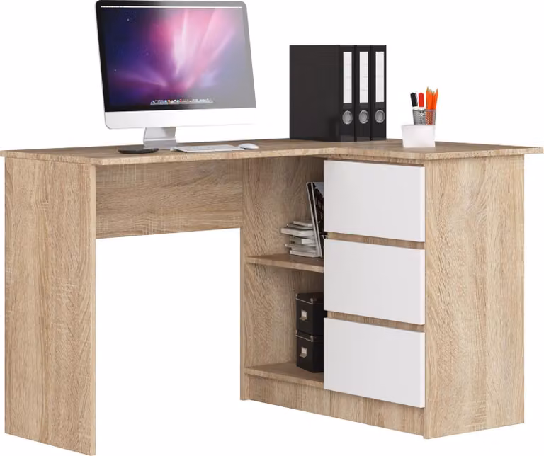 Tavolo Angolare con Cassetti Sonoma e Bianco per Casa e Ufficio 124,5 cm 3 Cassetti
