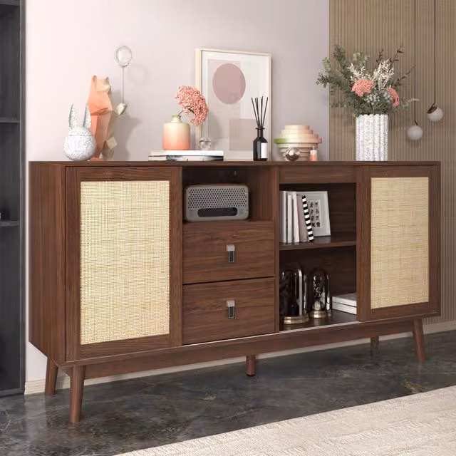 Credenza Zephmum con ante scorrevoli in rattan e MDF, colore marrone, L 155 cm x P 38 cm x H 80 cm