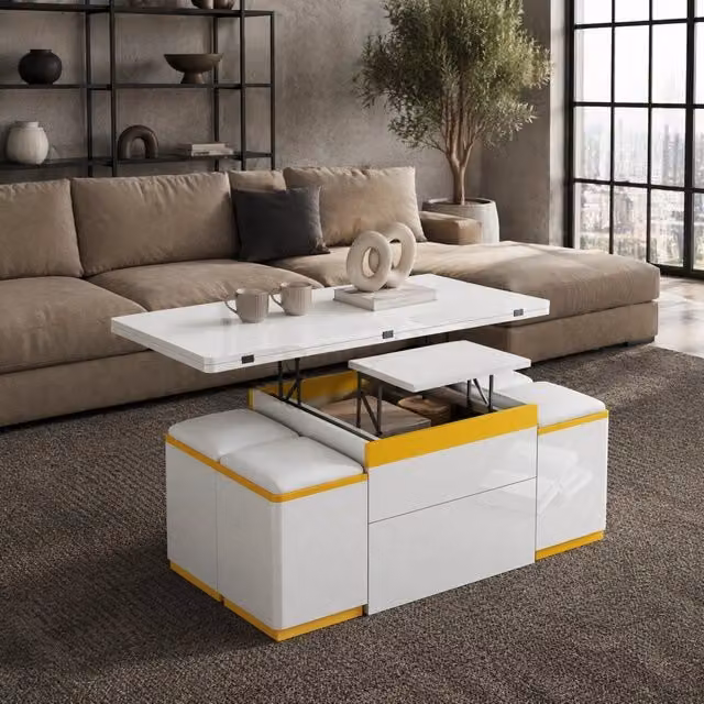 Tavolino trasformabile bianco e giallo con 4 sgabelli contenitore, 100 x 50 cm
