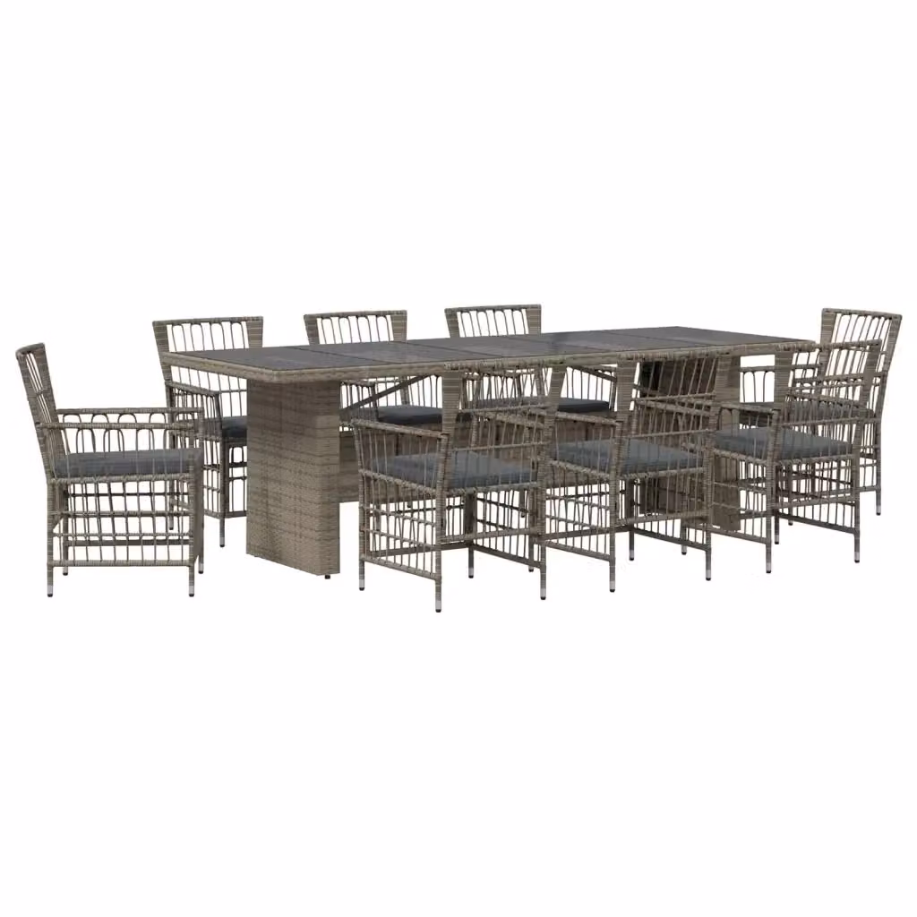 Set da pranzo per esterni vidaXL in polyrattan e vetro grigio, composto da 9 pezzi con tavolo rettangolare L: 240 cm, P: 110 cm, H: 75 cm e 8 sedie – 2