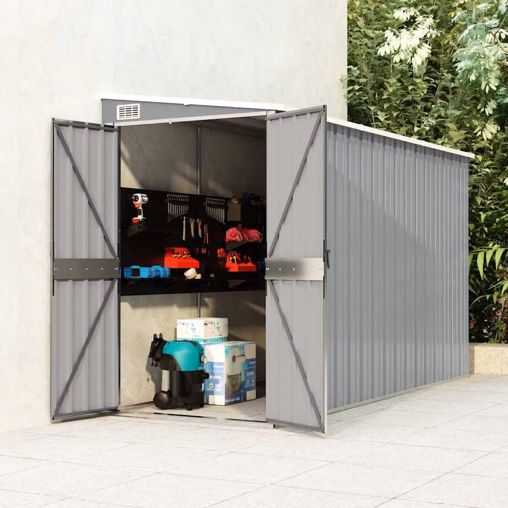Capanno da giardino a parete vidaXL in acciaio zincato grigio, modello lean-to con doppia porta, L 288 cm x P 118 cm x H 178 cm