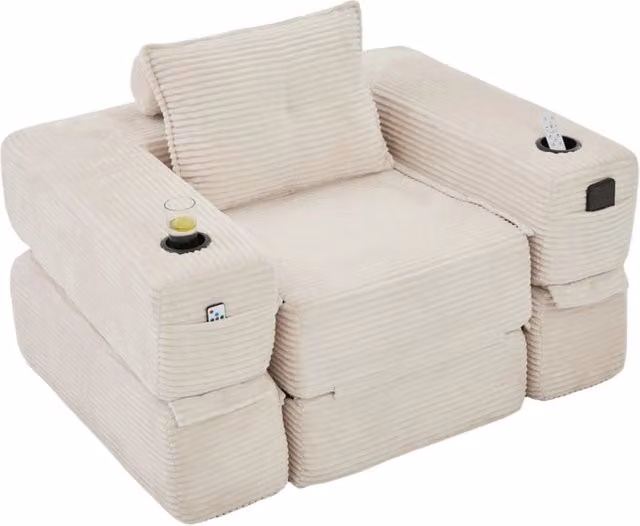 Divano letto modulare 122x198 cm in velluto a coste con tasche laterali; beige