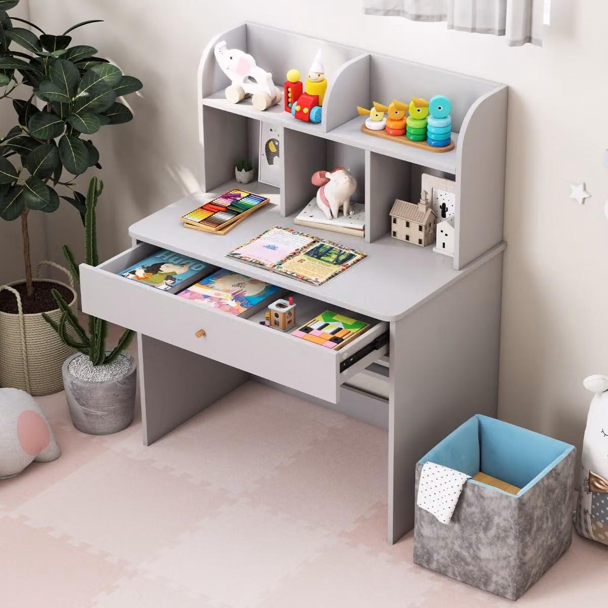 Scrivania per bambini Costway in legno con mensola e cassetto, Tavolo da scrittura e lettura Grigio chiaro, L: 80 cm, P: 48 cm, H: 102 cm