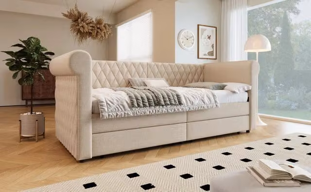 Divano letto imbottito vintage in lino beige 90x200 cm con testiera, 2 cassetti contenitori e base a doghe