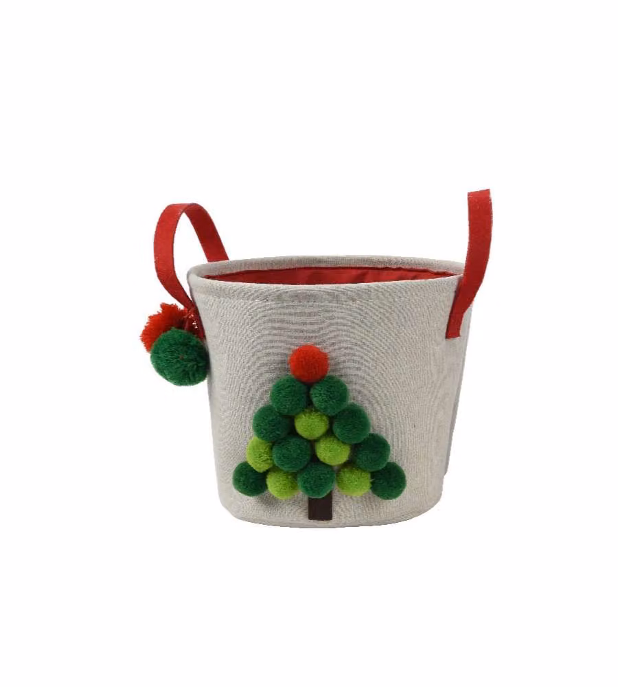Cesta con Manici - Con Pompon e Decorazione Natalizia 18x14 cm