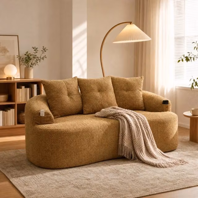 Divano a 2 posti moderno REDOM in tessuto giallo, L: 164 cm, P: 92 cm, H: 60 cm