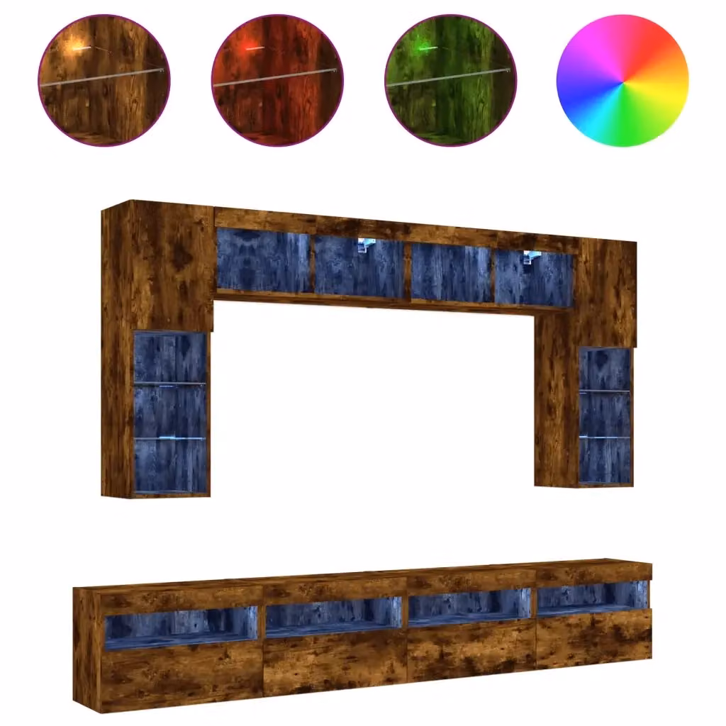 Set di mobili TV a muro moderno vidaXL composto da 8 pezzi con luci LED in finitura rovere marrone opaco – 2