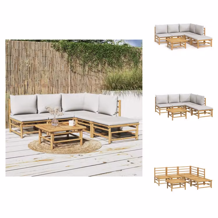 vidaXL Set di 6 pezzi per salotto da giardino con cuscini in bambù grigio chiaro - Set di mobili da giardino