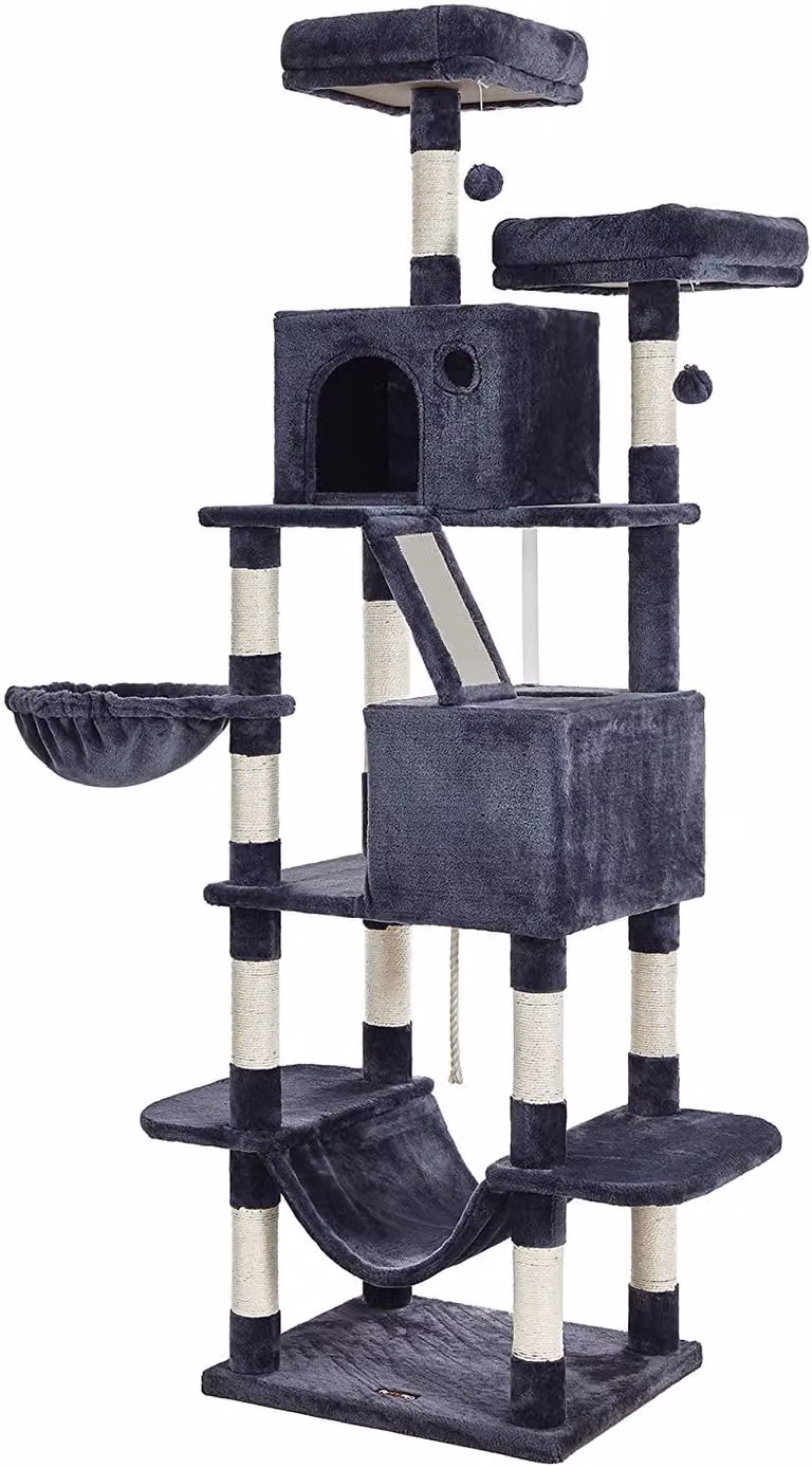 Albero per gatti con tiragraffi, amaca e rifugio, 7 livelli, colore grigio antracite, altezza 206 cm