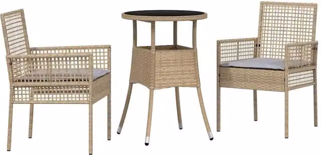 Set da Pranzo per Giardino e Terrazzo in Polyrattan Beige con Tavolo in Vetro Rotondo 3 Pezzi