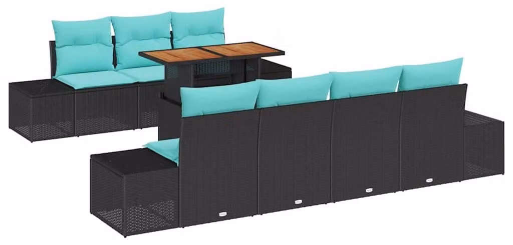 Set da giardino composto da 8 pezzi, colore nero, realizzato in rattan sintetico