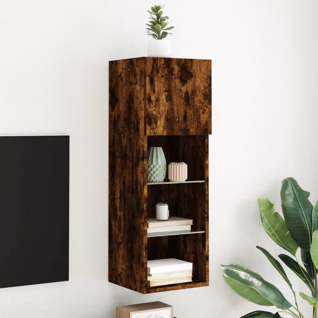 Mobile TV moderno vidaXL con luci LED in legno Rovere Fumo L: 30,5 cm, P: 30 cm, H: 90 cm
