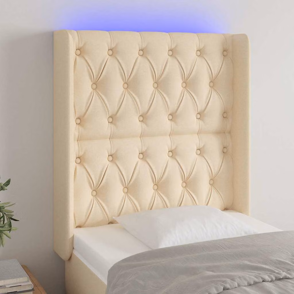 Testiera per letto vidaXL in tessuto beige con illuminazione LED integrata e porte USB, L 83 cm x P 16 cm x H 118-128 cm
