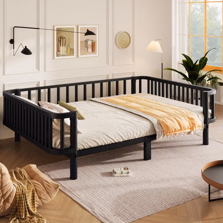 Letto a terra okwish 140x200 con materasso e sponde di sicurezza, letto singolo con rete a doghe in acciaio, letto per bambini nero