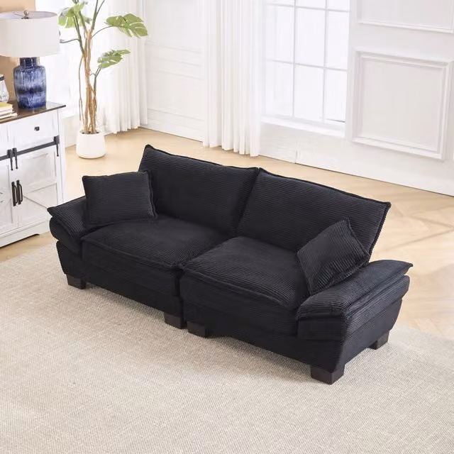 Divano a 2 posti con seduta profonda cuscini e braccioli imbottiti in velluto nero per soggiorno 224 × 81 × 81 cm